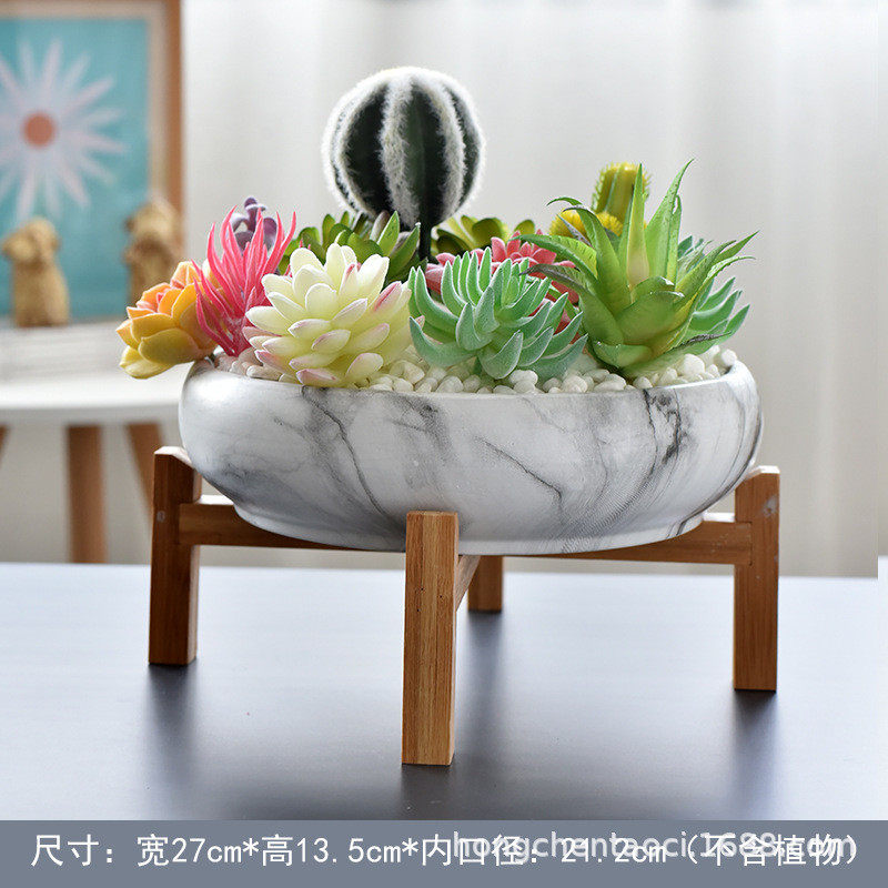 陶瓷绿植盆栽多肉花盆配竹托盘新品创意组合办公室桌面水转印