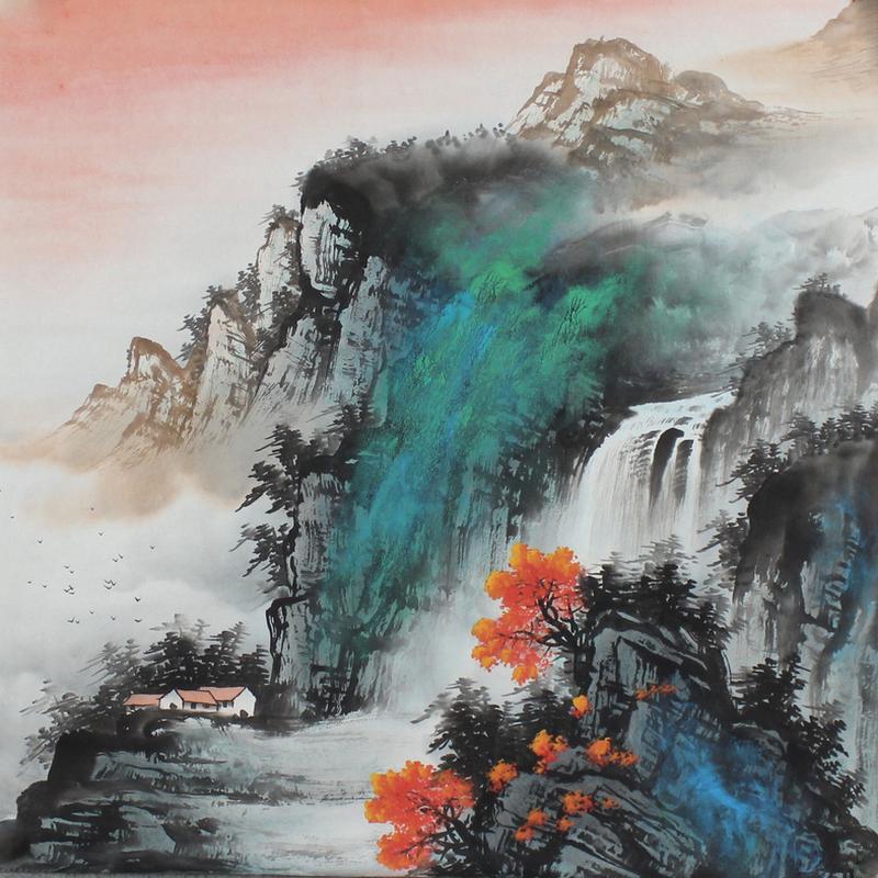 纯手绘国画手工画四尺斗方山水画泼彩卧室客厅书房背景挂画