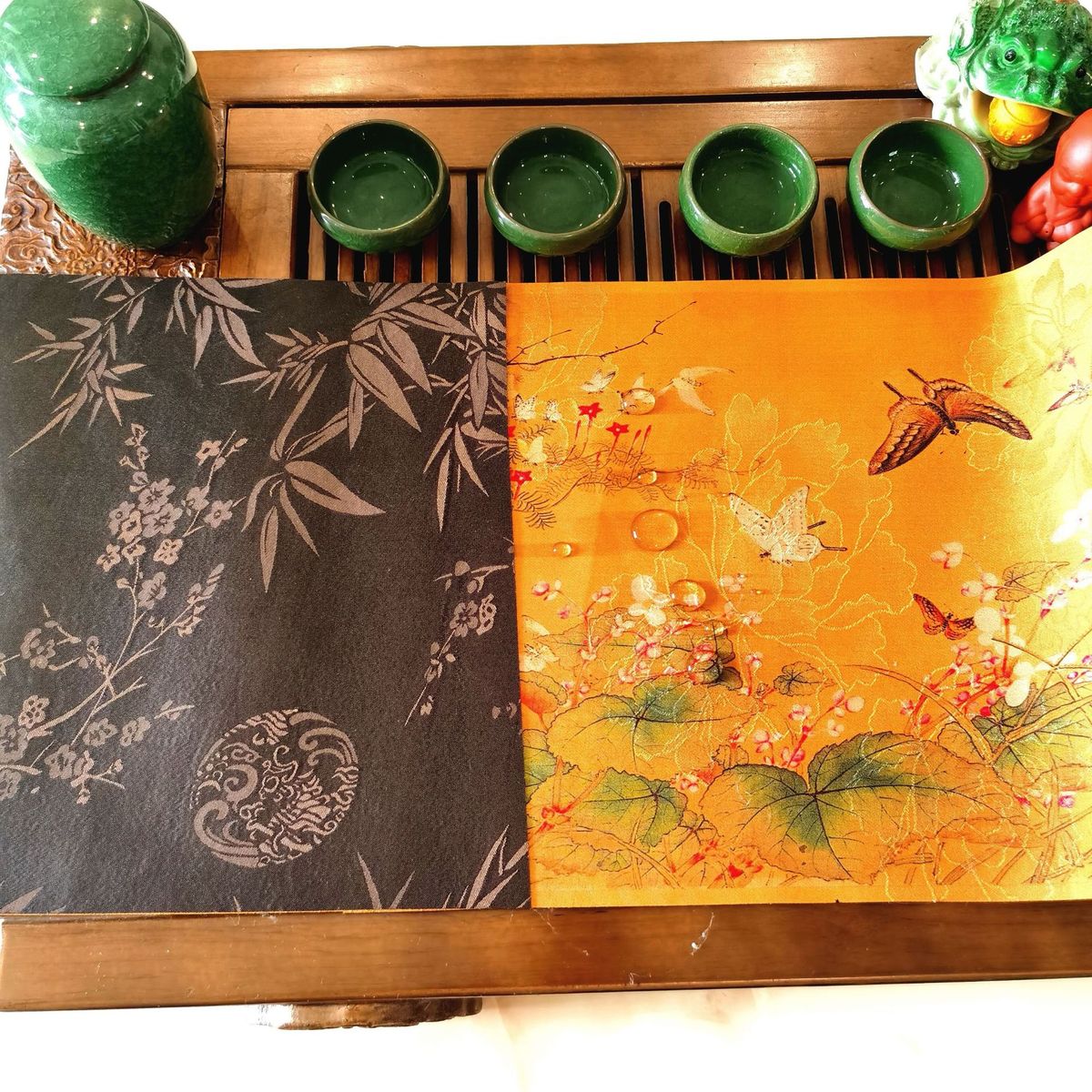 中式百蝶图布艺中式禅意防水轻奢茶台茶席桌布长条茶旗现货供应