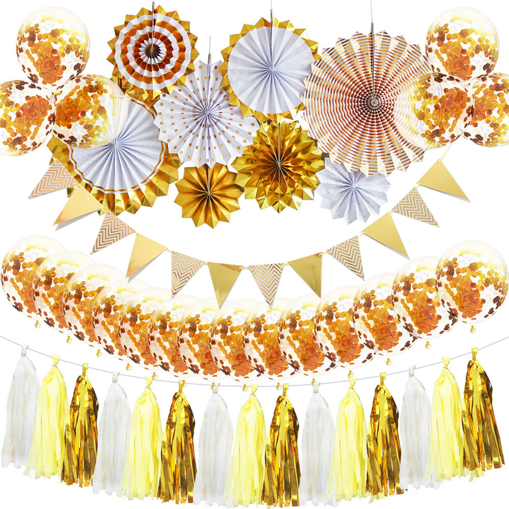 新款生日派对装饰花气球拉旗套餐纸扇布置三角旗横幅亮片气球