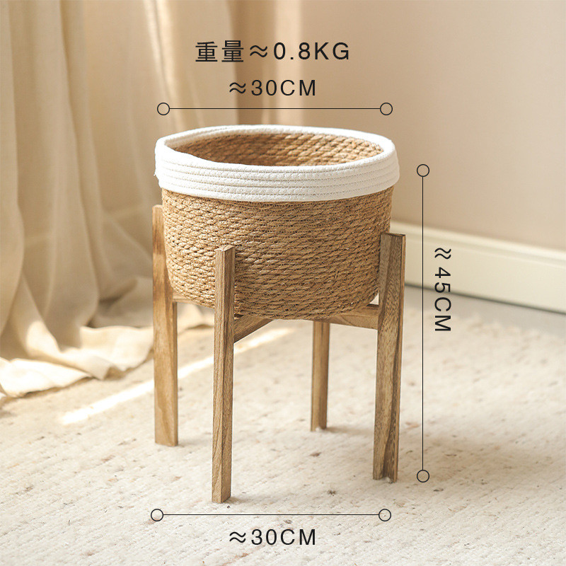 手工落地线木底座花篮编织篮子草编篮白色花盆架家居装饰花瓶