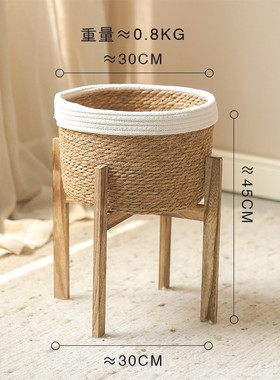 手工白色线木底座花篮家居装饰篮子草编篮落地花盆架编织花瓶