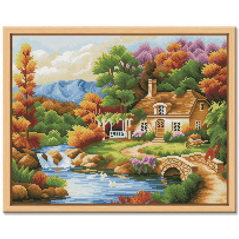 得艺DIY钻石画43*54cm手工满钻带框室内客厅风景海滩别墅古堡