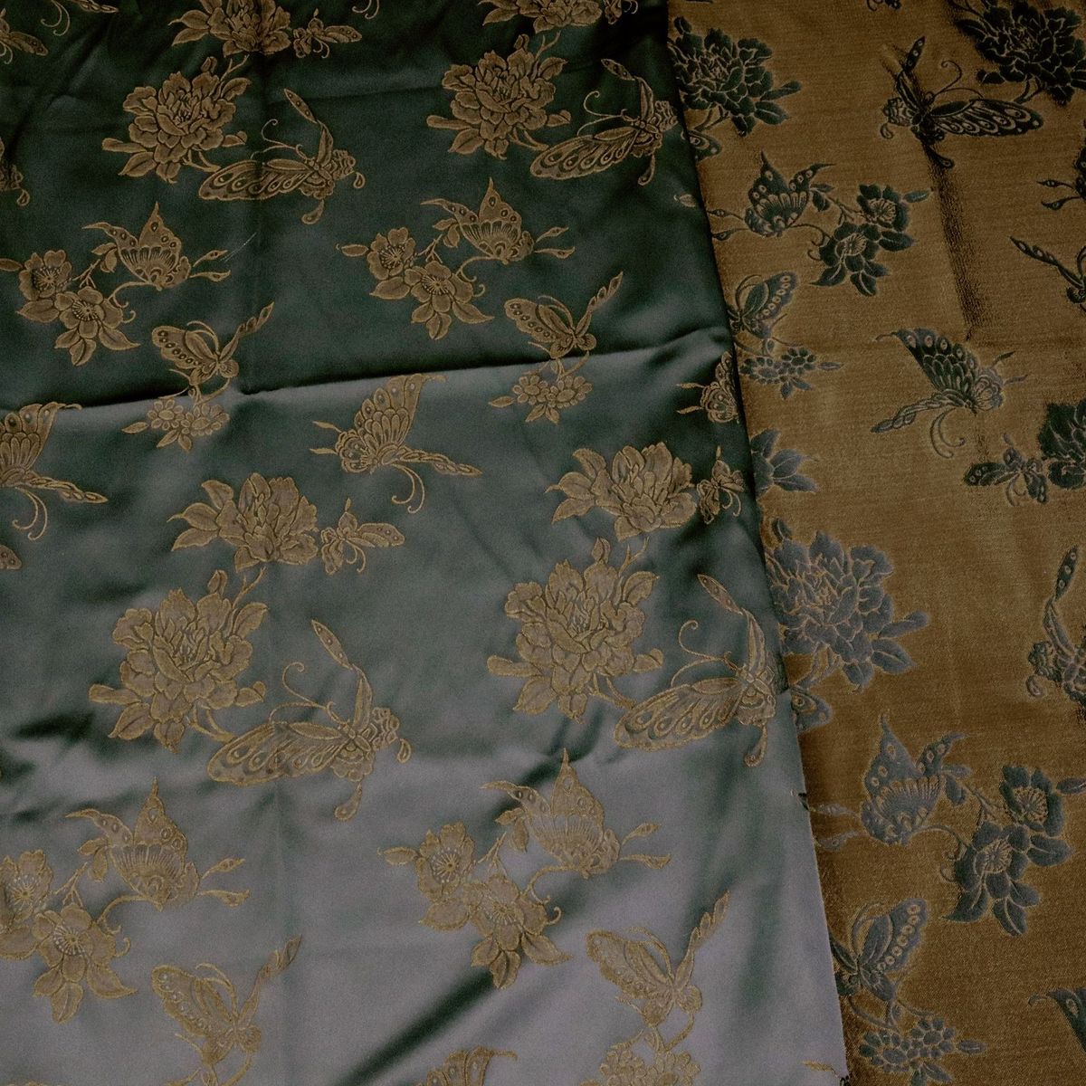 厂家直销织锦缎黑棕色花蝶提花人丝新中式布料硬挺感服装面料