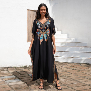 沙滩罩衫 人棉金色绣花度假长袍l4066l