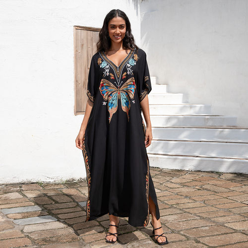 沙滩罩衫人棉金色长袍度假绣花l4066l