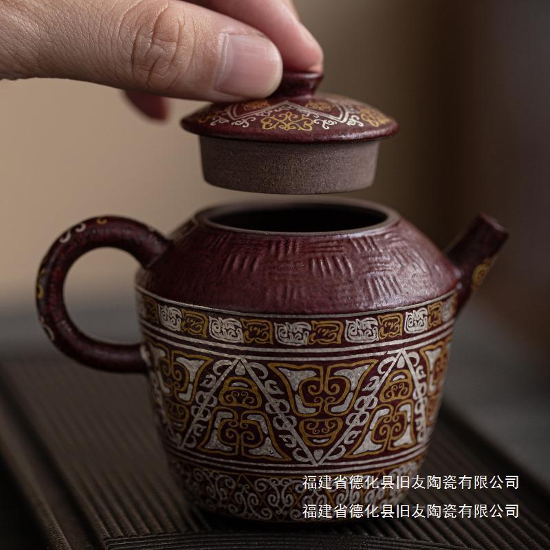 敦煌中式手工粗陶茶壶带泡茶壶复古陶瓷手抓壶侧把壶家用茶具陶壶