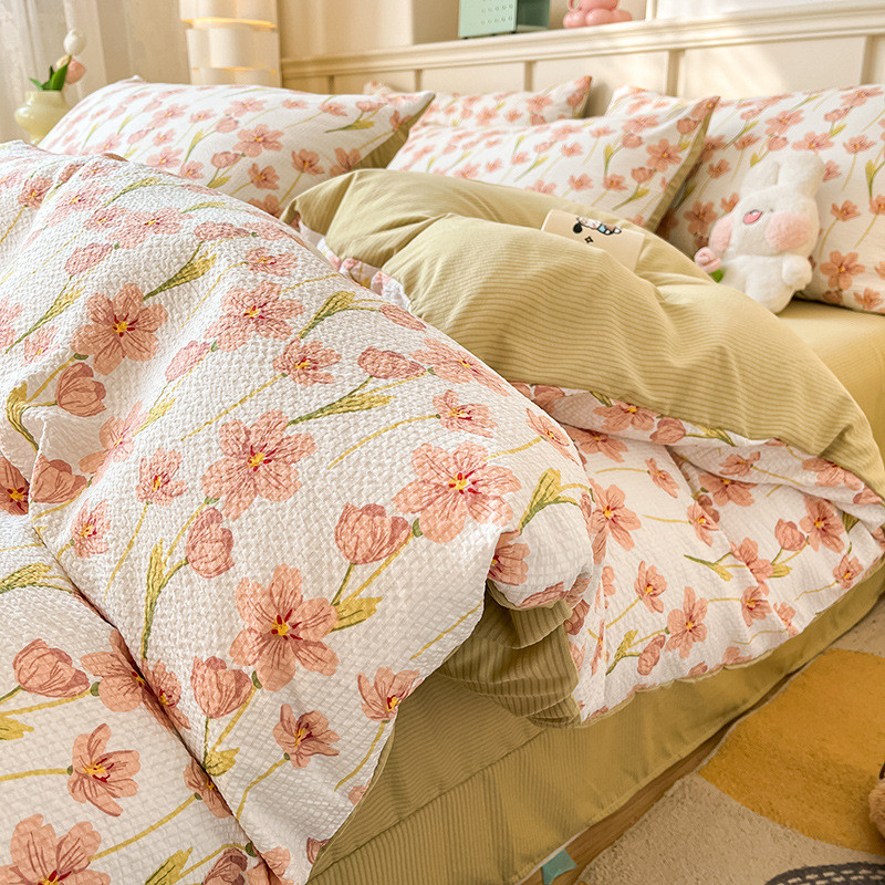 批发ins少女心纱碎花亲肤泡泡棉皱皱韩式花边四件套公主风4件套