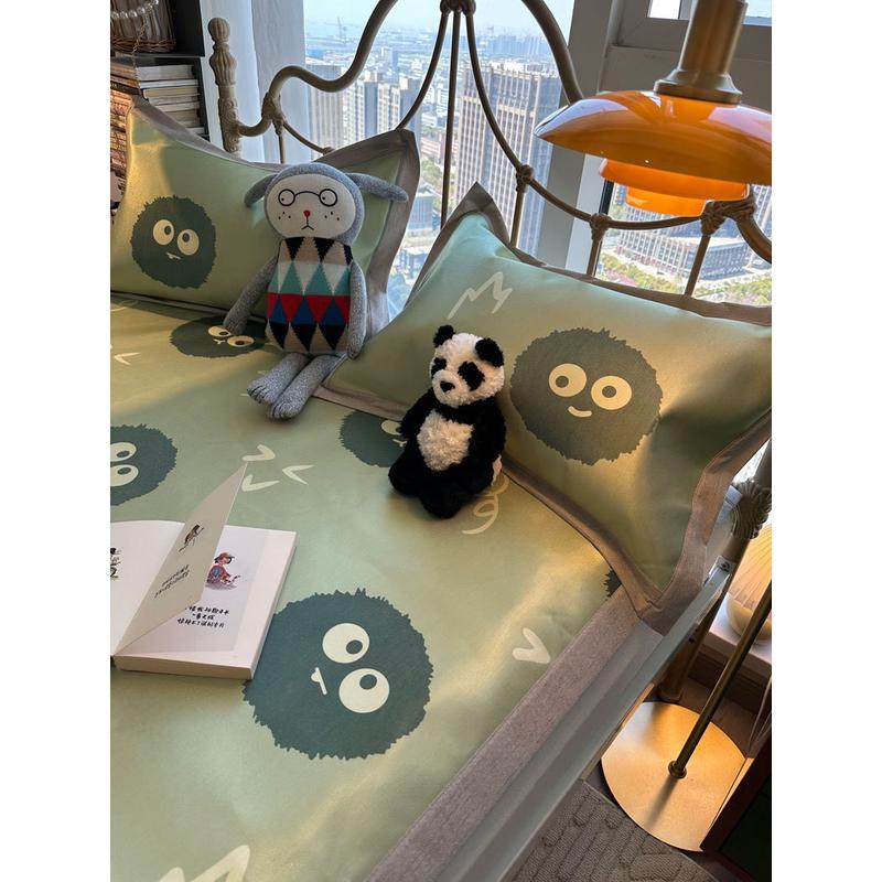 rkt4ins绿色可爱小煤球冰丝席可机洗夏凉席三件套空调席子柔软1.5