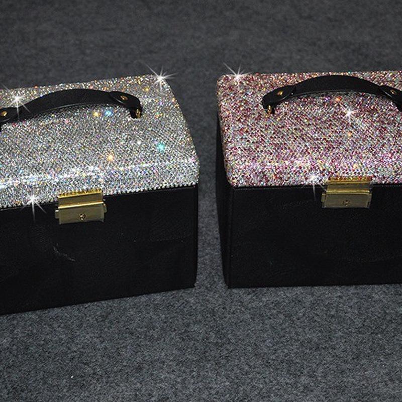 热销2023钻高档珠宝收纳箱双层多功能带镜子首饰盒创意镶新款收纳