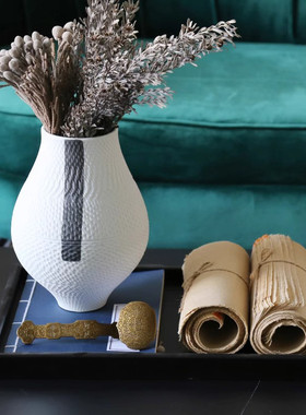 新中式简约花艺仿真陶瓷花瓶托盘样板间酒店客厅餐厅艺术软装摆件