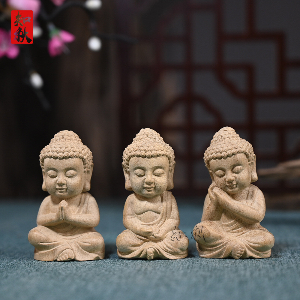金丝楠木雕刻宝宝佛汽车小摆件小沙弥茶宠家居装饰摆饰木质工艺品