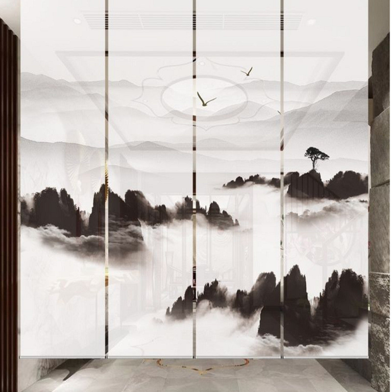 新中式挂帘半透明窗帘挂式屏风软卷帘布艺隔断客厅玄关山水卷帘