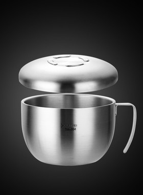 1pkn批发304不锈钢泡面碗家用单学生宿舍带把手柄带盖个大快餐杯