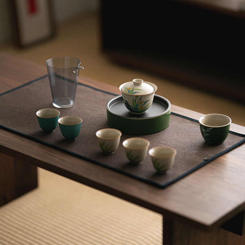 草木灰手绘兰花盖碗套装陶瓷茶杯盖碗品茗杯玻璃公杯铁盖壶承