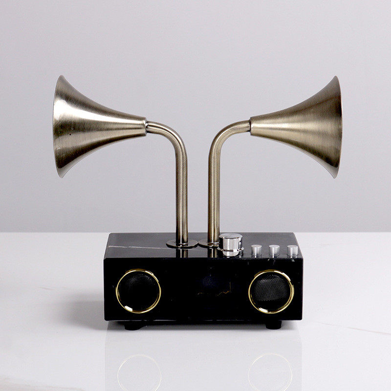 现代轻奢金属/大理石留声机家居模型摆件样板间展厅双头软装饰品