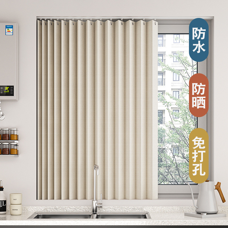 折叠厨房卫生间窗帘免打孔防油烟遮挡布帘子遮阳简约拉帘浴室防水