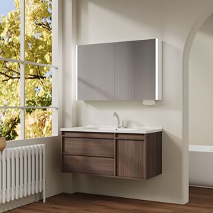 水边胡桃木色实木浴室柜组合物美妆架智能镜柜带挡中古陶瓷盆2062