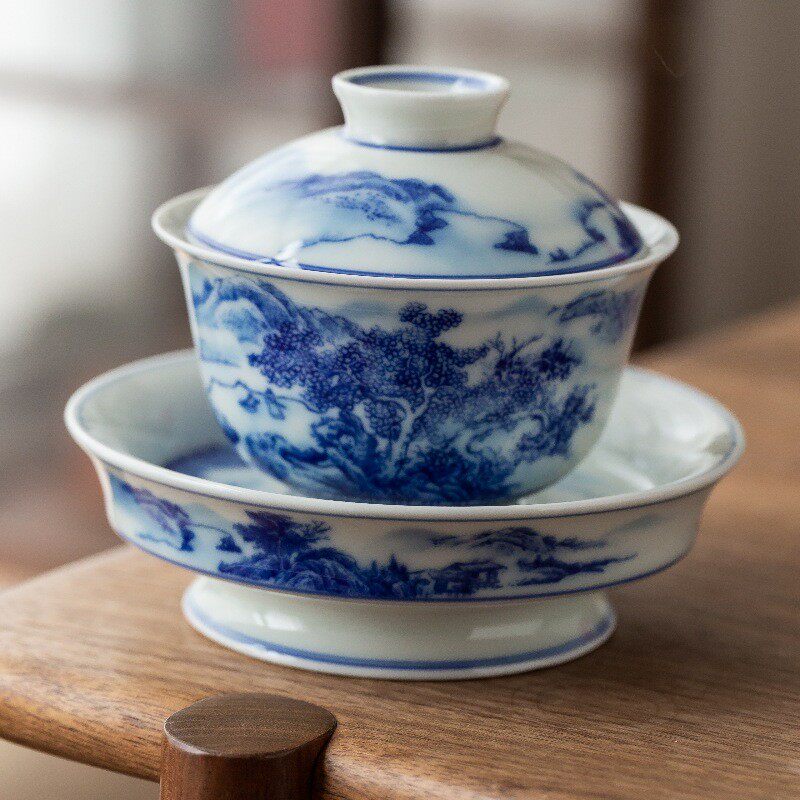 青花瓷仿古盖碗壶承组合大号三才盖碗敬茶泡茶碗釉里红手工碗批发