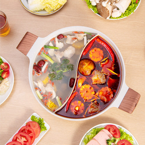 热销麦饭石鸳鸯火锅不加厚涮锅家用大容量串味不粘锅4.5l二味火锅