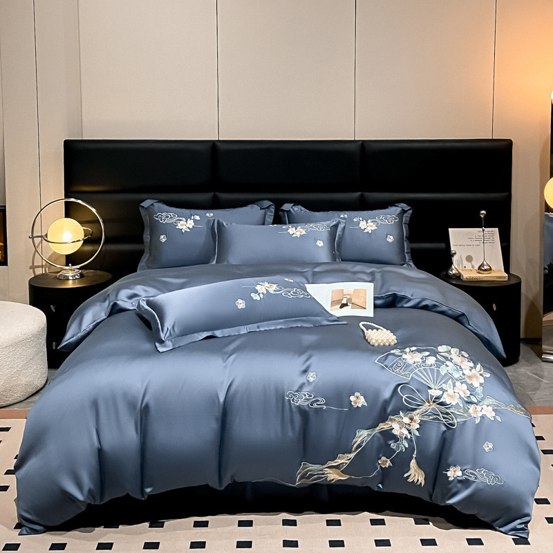 新款雪莲天丝绣花被罩轻奢纯色四件套床单四件套高档丝滑床品套件