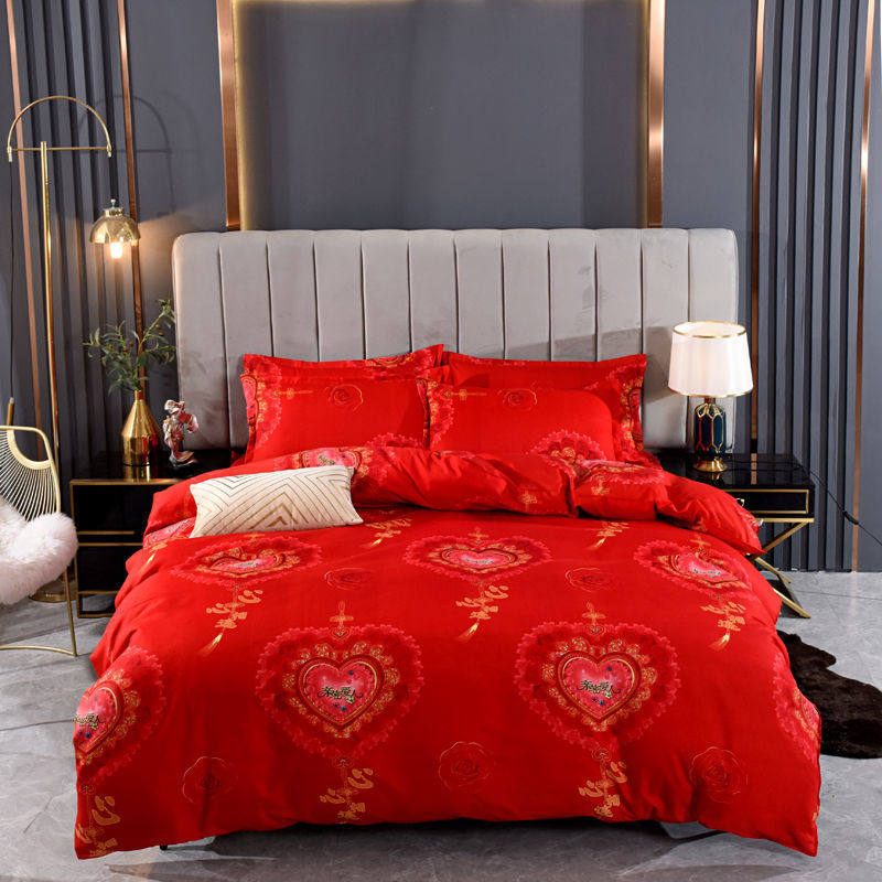 枕套床上用品磨毛被套床单红色四件套床上婚庆学生宿舍三件套