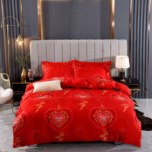 枕套床上用品磨毛被套床单红色四件套床上婚庆学生宿舍三件套