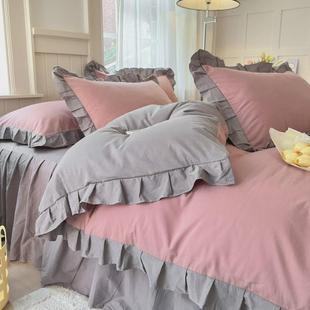可选3件 纯色系列加宽荷叶边床裙全棉床笠款 韩版 花边水洗棉4件套款