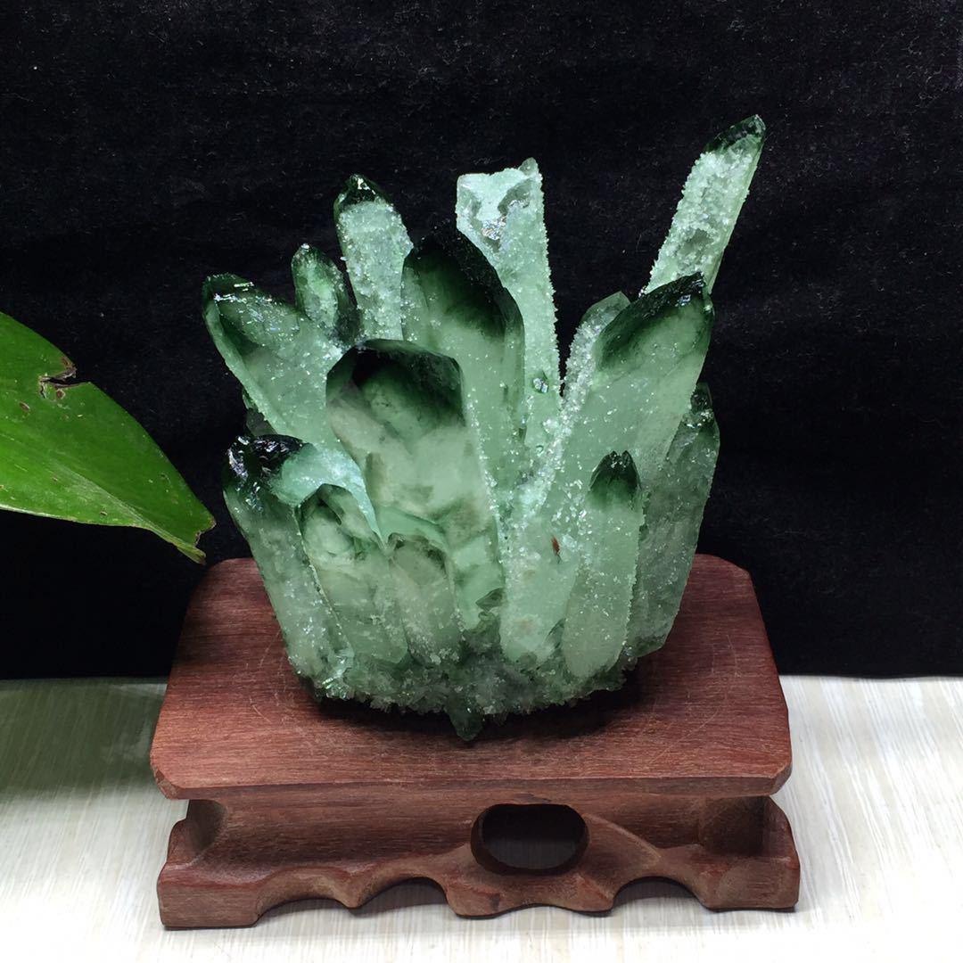 天然水晶绿幽灵水晶簇原石摆件