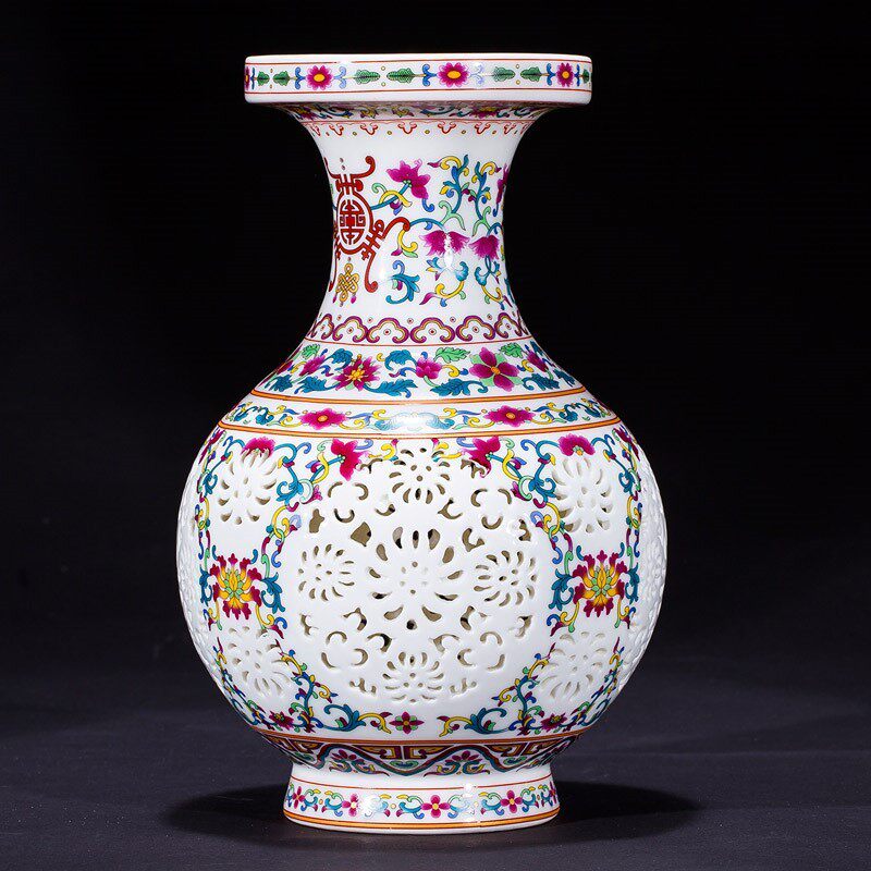 景德镇陶瓷器镂空小花瓶青花瓷插花装饰品中式家居酒柜博古架摆件