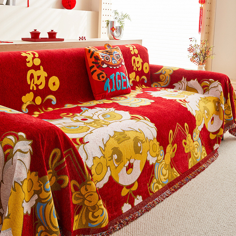 雪尼尔福星高照沙发巾万能沙发套猫抓加厚防滑防全套新年盖布坐垫