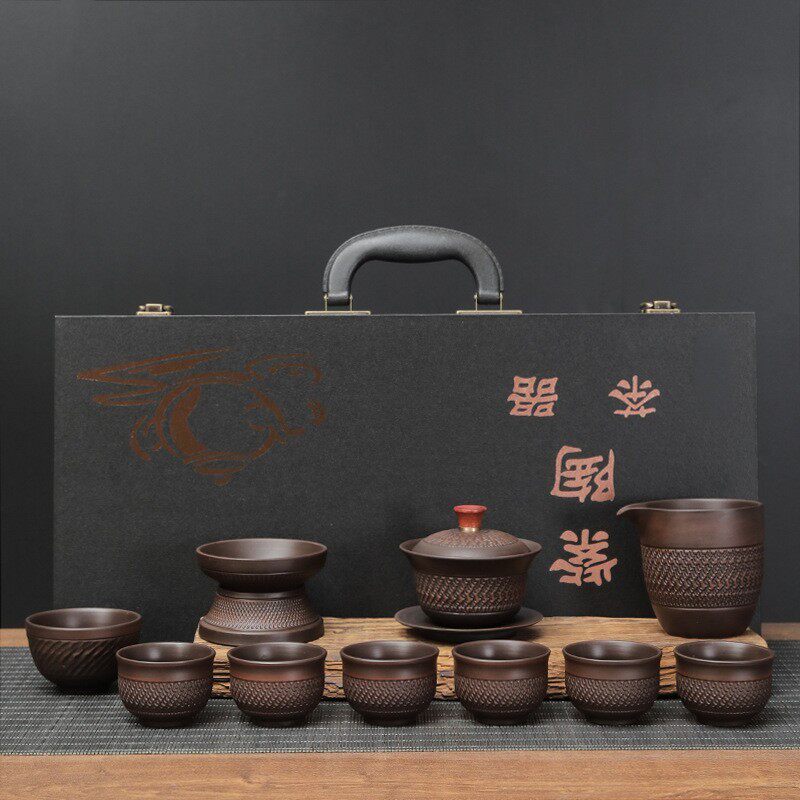 建水复古功夫茶具套装家用茶壶陶紫茶杯主人杯整套批发商务礼品盒