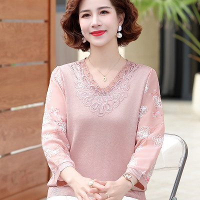 年轻妈妈装春季V领针织七分袖薄打底衫中老年女春夏季新款T恤上衣