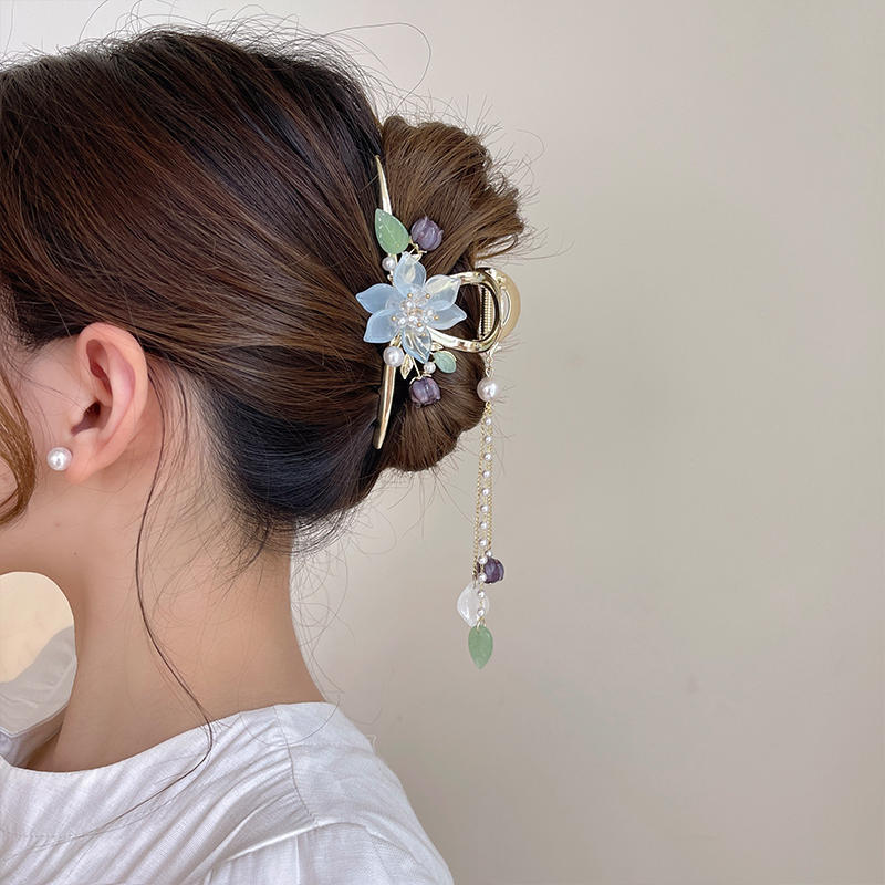 古风花朵珠珠汉服配饰发夹女后脑勺鲨鱼夹夏季抓夹大号流苏