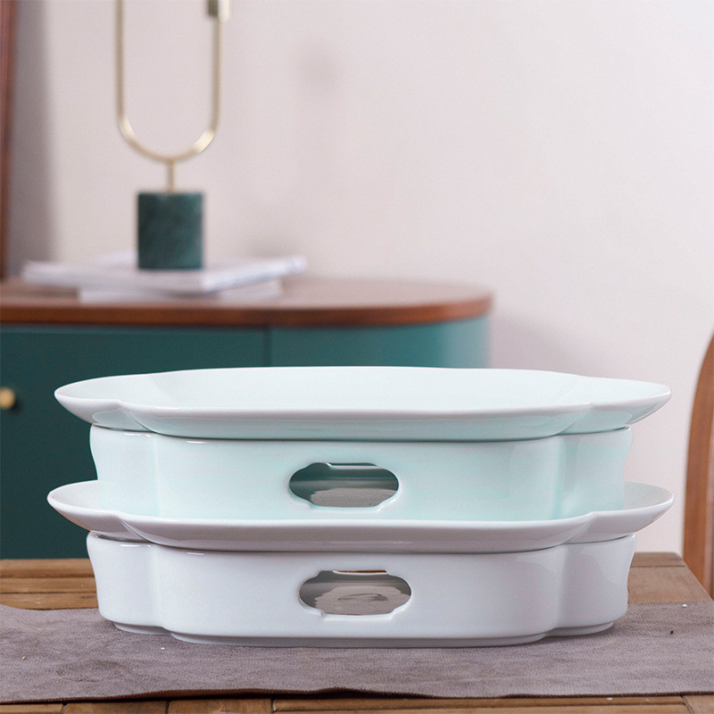 浅盘高温青白瓷如意长方景德镇北京烤鸭商用中式鱼盘干锅保温餐具