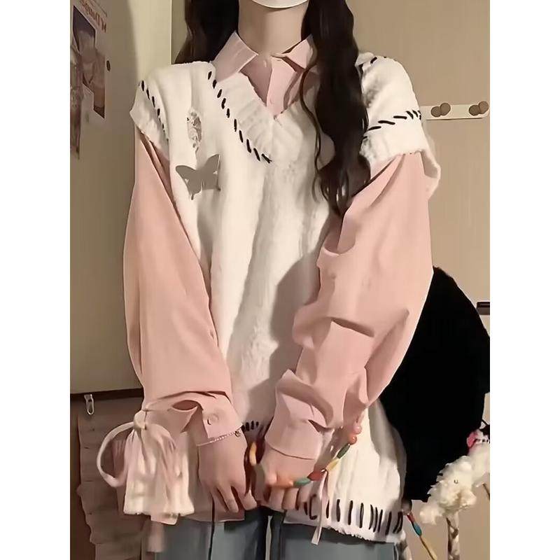 两件套装学院风设计感流苏百搭V领衫毛衣马甲女学生+衬衫,女装/女士精品,时尚套装,淘宝优惠券,粉丝福利购,淘宝优惠卷