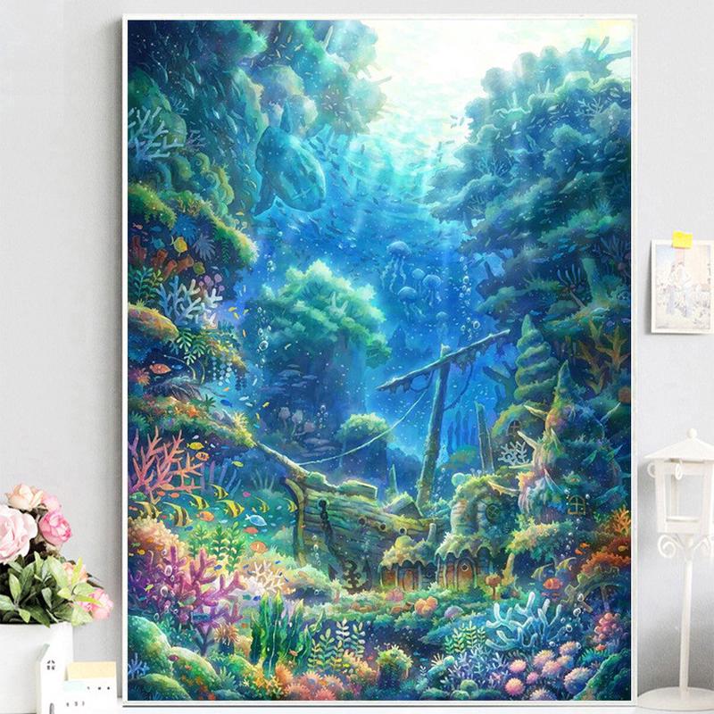 热销4jsh批发七彩珊瑚海底十字绣线绣新款客厅卧室小幅风景画格大
