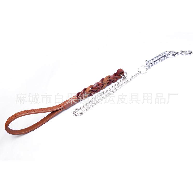 厂家批发铁链手把编花头层牛皮牵引绳皮质编花缓冲牵引带皮狗链