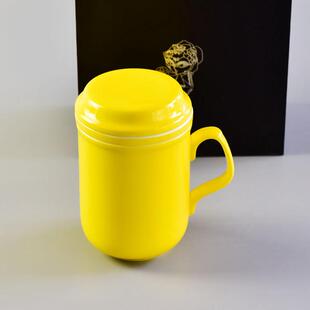 会议杯陶瓷色釉带盖水杯茶水杯复古杯子办公室骨质瓷礼品茶漏杯