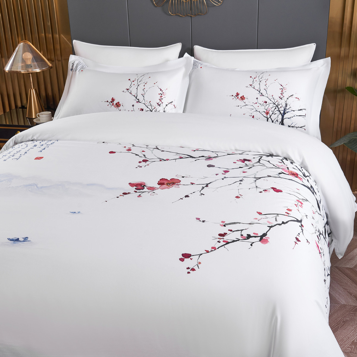 加工定制新中式全棉大版印花酒店四件套家用被套床单酒店布草批发