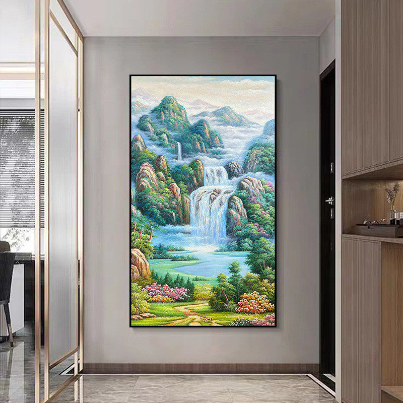 定制纯手绘风景油画玄关挂画新中式工程酒店别墅私人豪宅壁画