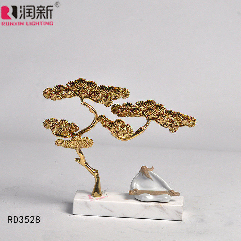 新中式月下老人摆饰家居办公室黄铜摆件大理石底创意家居装饰摆件