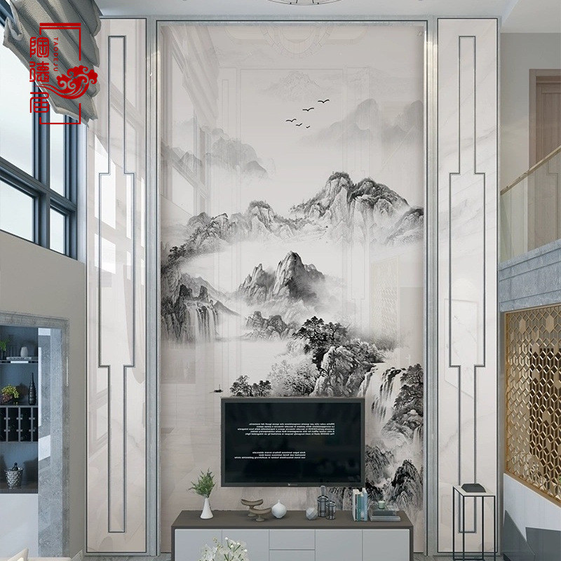 微晶别墅客厅电视背景墙复式楼新中式山水画岩板人造大理石影视墙