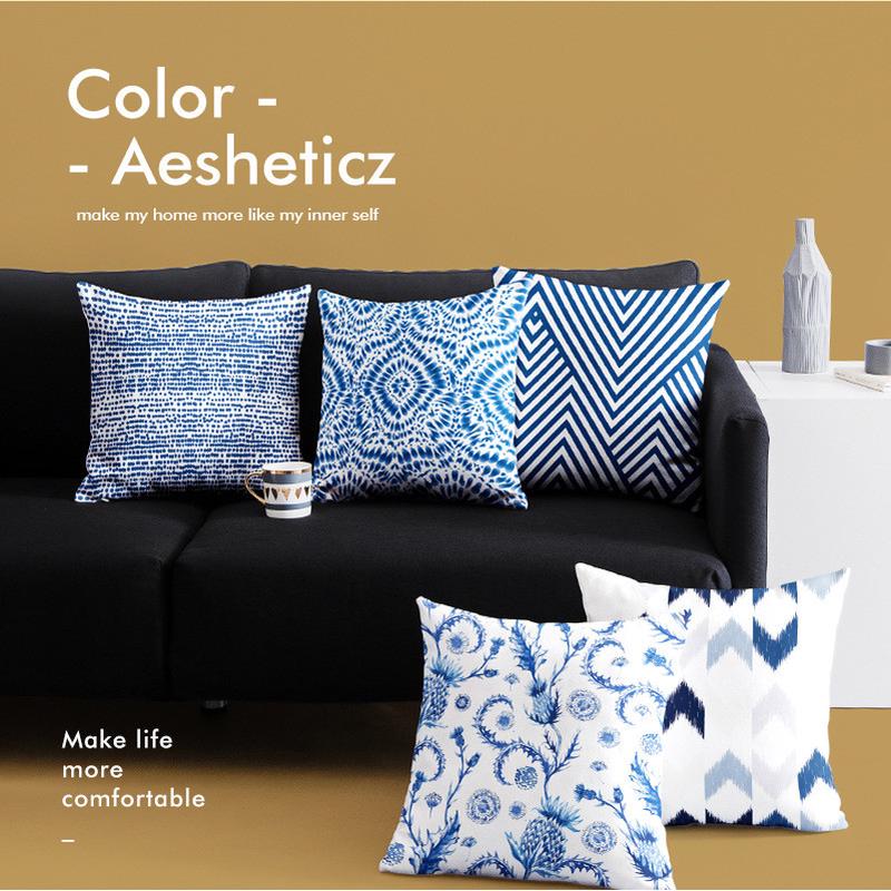 85nib9b法式美式中式复古印花夏季蓝色几何靠垫民族风扎染抱枕民