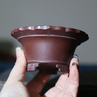 紫砂花盆手工花盆盆景盆回纹足花瓣微型泥盆掌上盆栽微盆老紫菖蒲