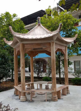 热销石雕户外六角凉亭晚霞红单层中式亭子大理石石头石亭园林广场