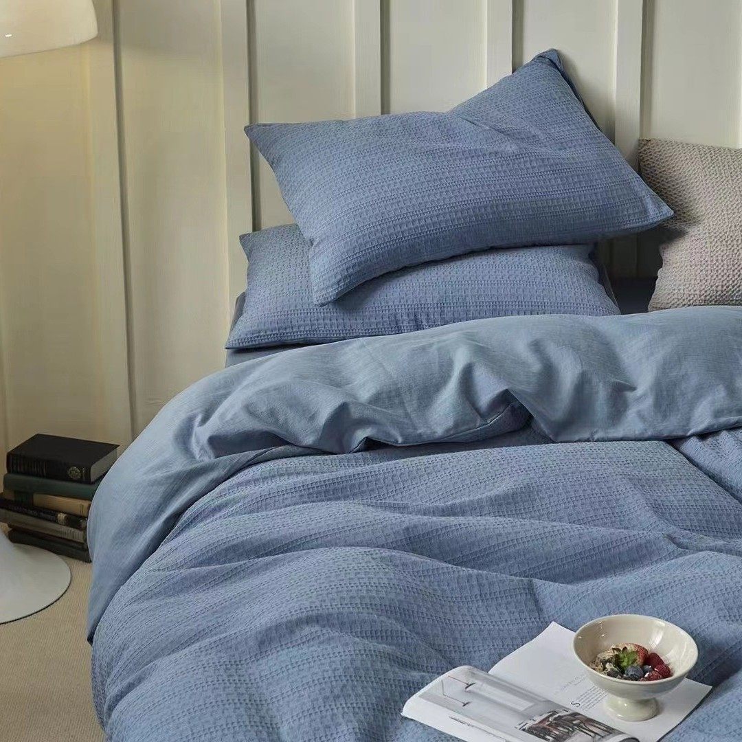 婚庆~北欧简约纯色华夫格四件套全棉1.8米单笠纯色被套床单双人床,床上用品,床品套件/四件套/多件套,淘宝优惠券,粉丝福利购,淘宝优惠卷