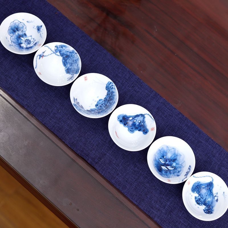 亦紫陶功夫茶具陶瓷品茗杯手工手绘青花瓷斗笠杯小茶碗品茗杯