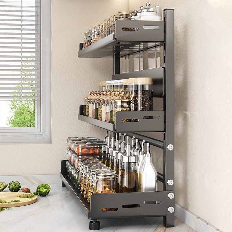厨房灶台上收纳置物架不锈钢免打孔多功能调味料家用台面调厂家
