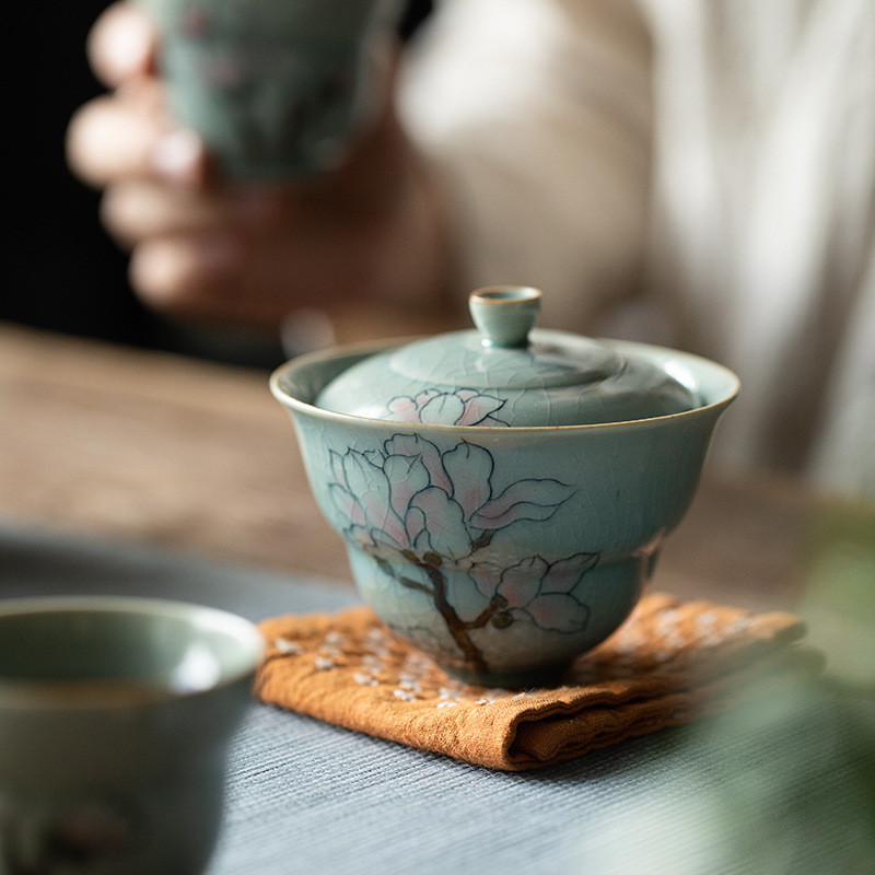 冰片釉手绘玉兰花盖碗茶杯单个可养开片家用泡茶碗带盖防烫手陶瓷